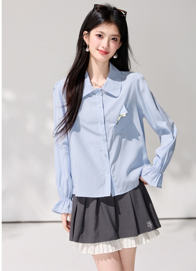 Trumpet sleeves lapel long sleeve shirt spring blue tops