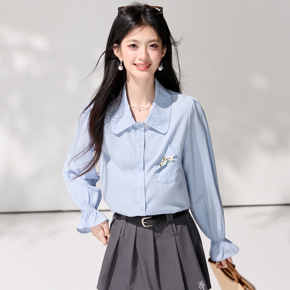Trumpet sleeves lapel long sleeve shirt spring blue tops