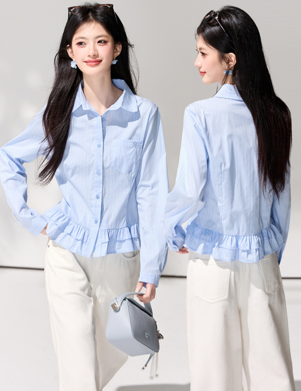 Lotus leaf edges spring blue shirt stripe embroidery tops