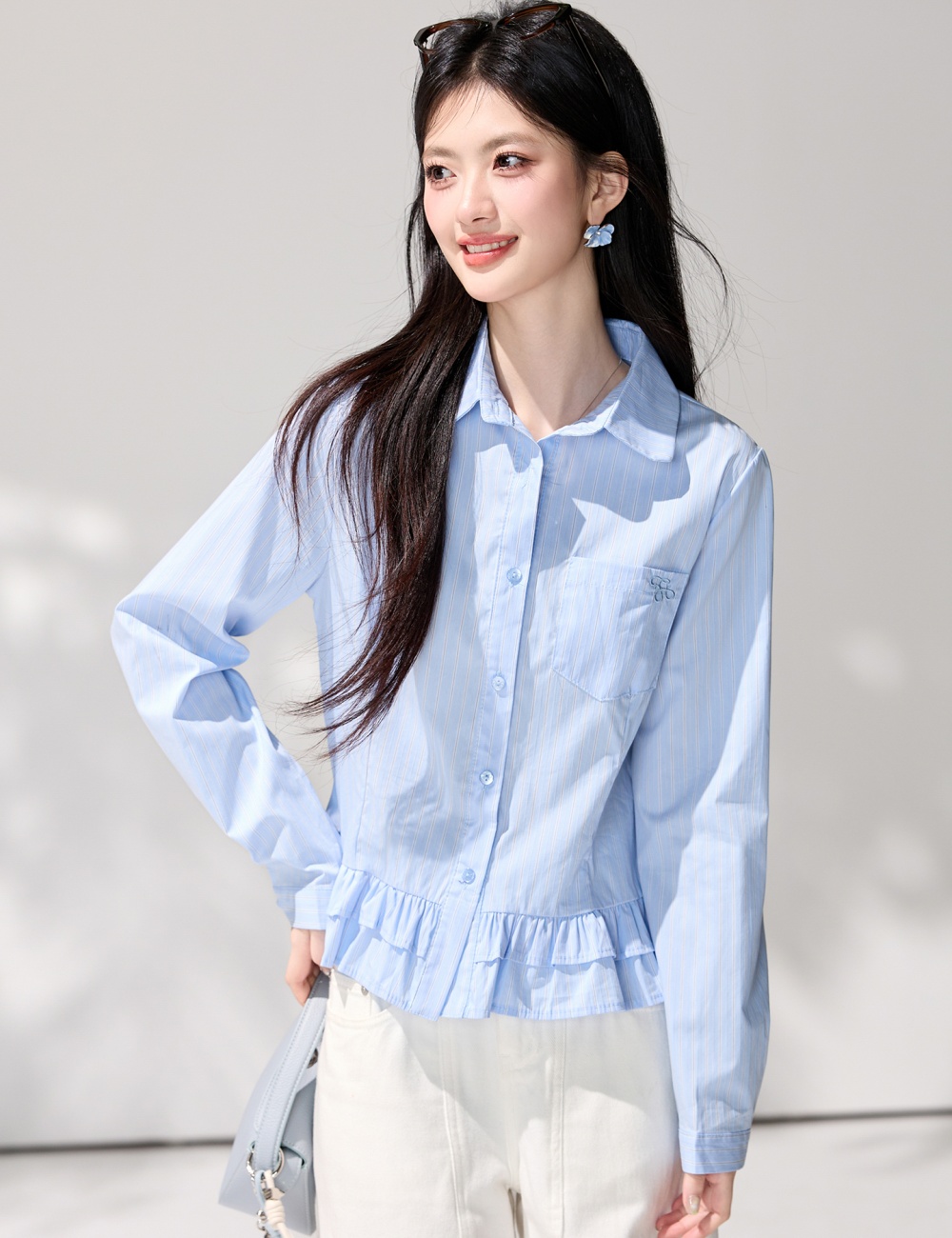 Lotus leaf edges spring blue shirt stripe embroidery tops