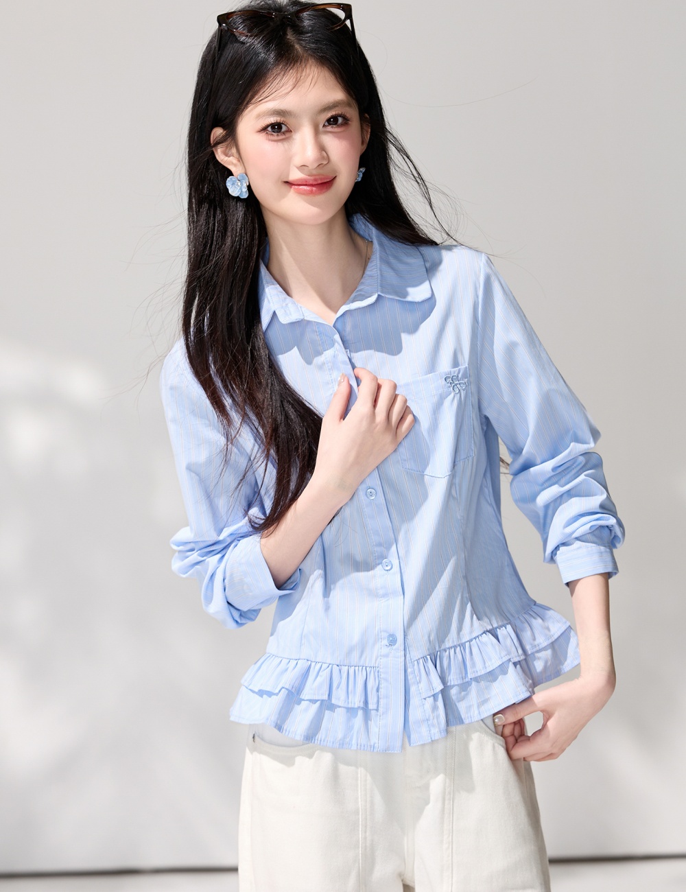 Lotus leaf edges spring blue shirt stripe embroidery tops