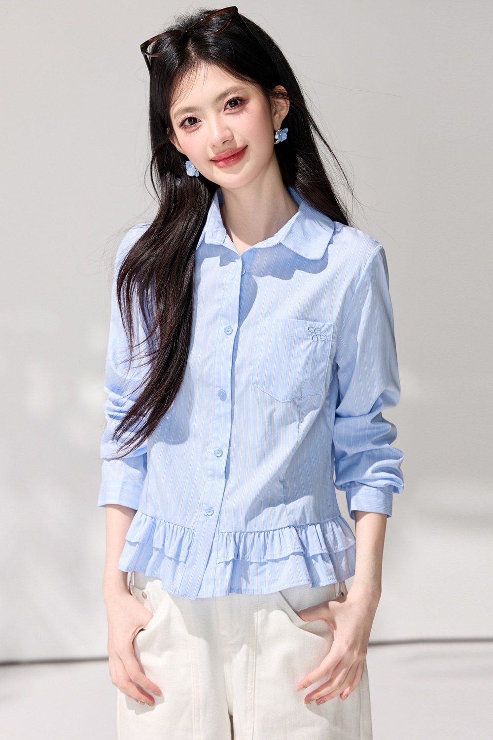 Lotus leaf edges spring blue shirt stripe embroidery tops