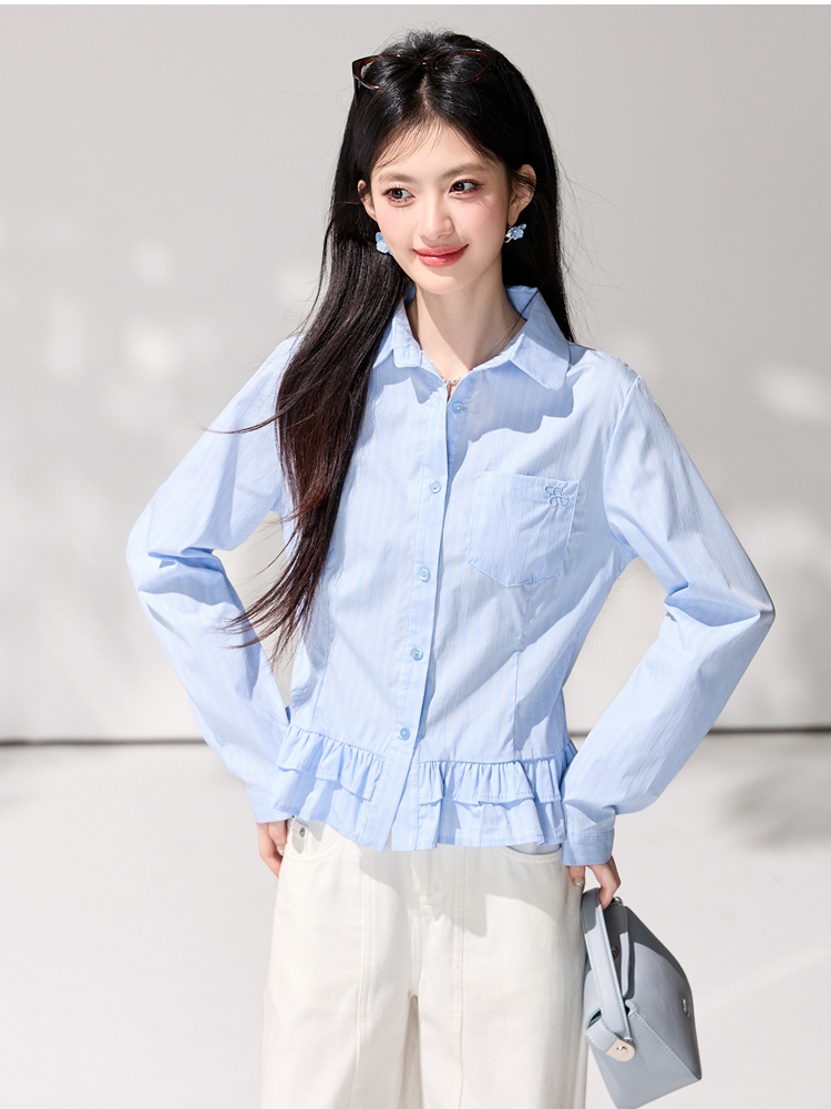Lotus leaf edges spring blue shirt stripe embroidery tops