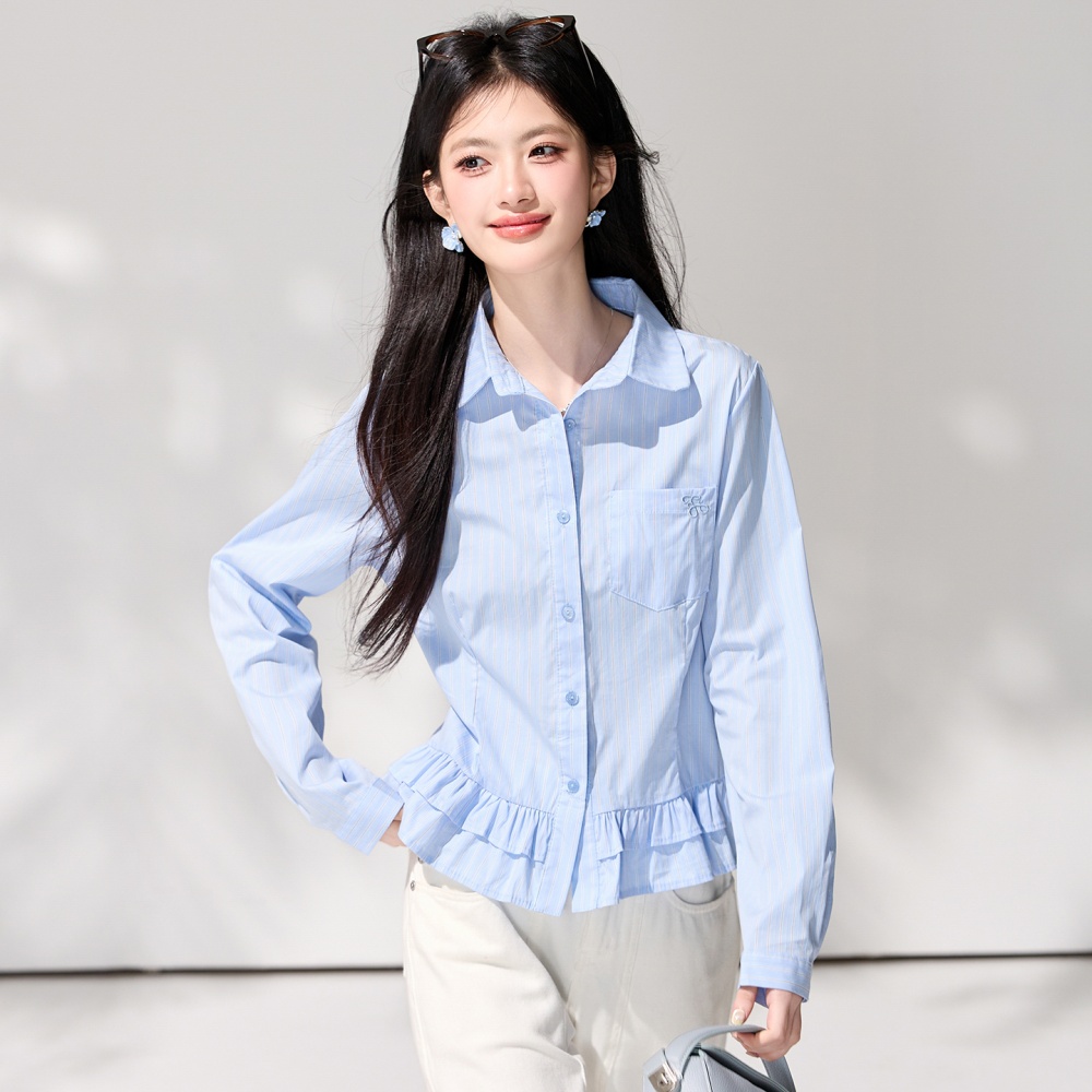 Lotus leaf edges spring blue shirt stripe embroidery tops