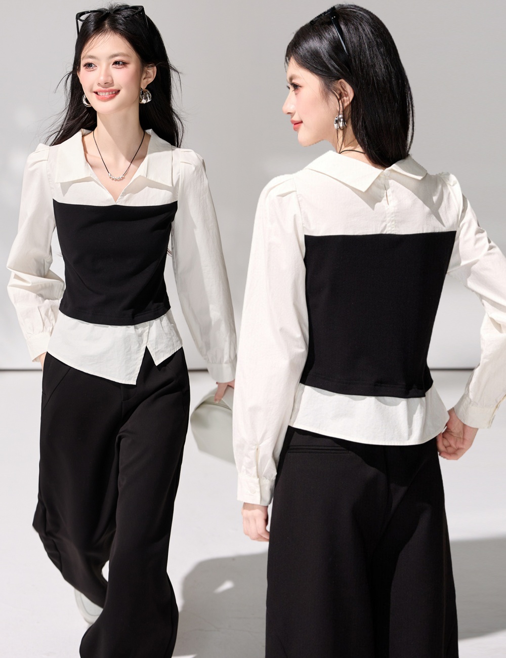 Long sleeve Pseudo-two pinched waist shirt for women