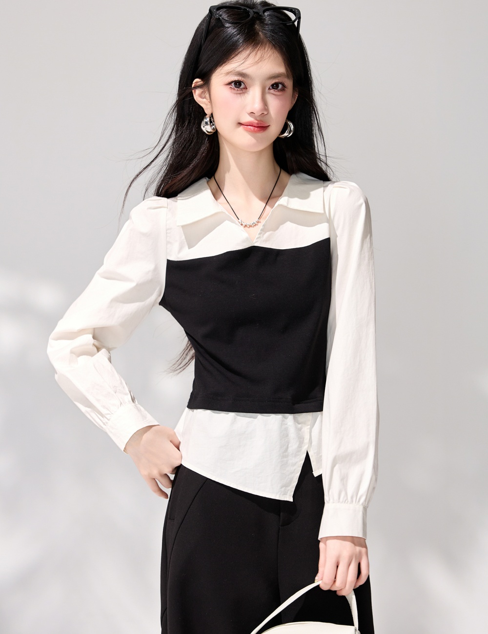 Long sleeve Pseudo-two pinched waist shirt for women