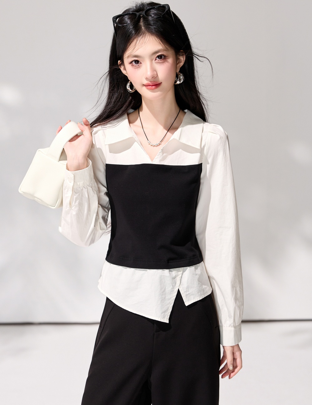 Long sleeve Pseudo-two pinched waist shirt for women