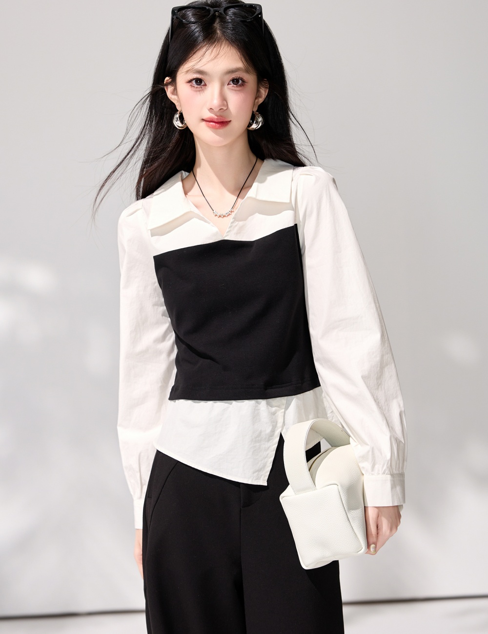 Long sleeve Pseudo-two pinched waist shirt for women