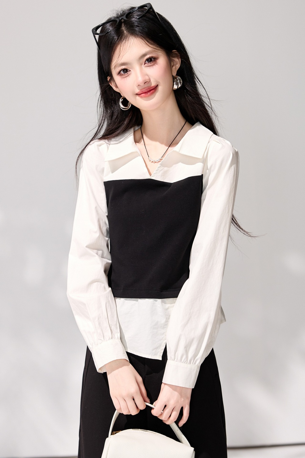 Long sleeve Pseudo-two pinched waist shirt for women