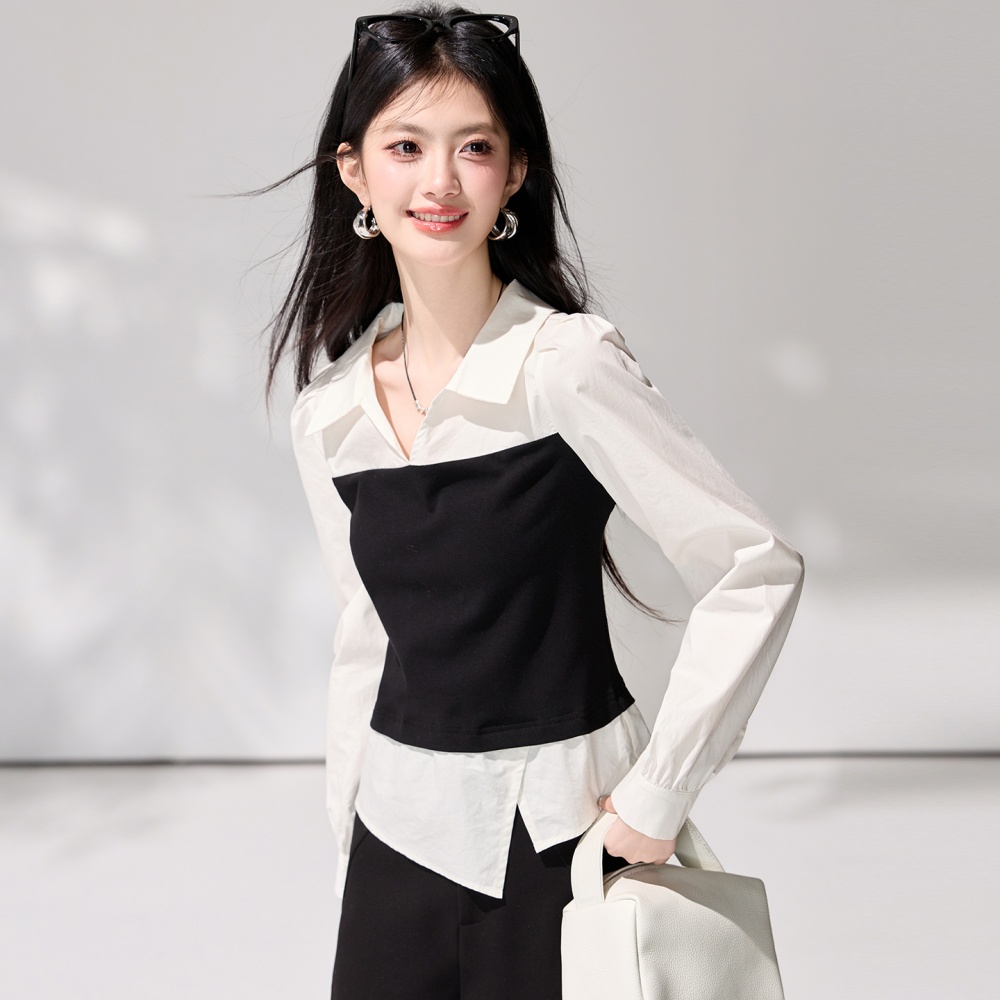 Long sleeve Pseudo-two pinched waist shirt for women