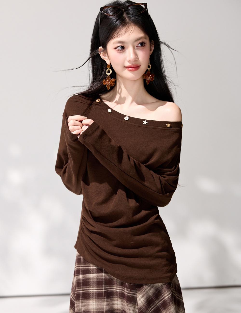 Pinched waist France style tops fold T-shirt