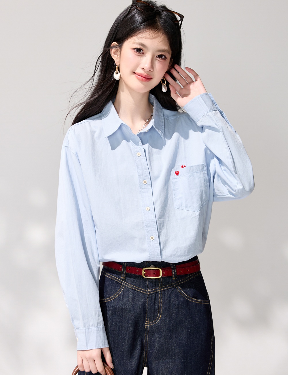 Buckle heart tops pure cotton spring shirt
