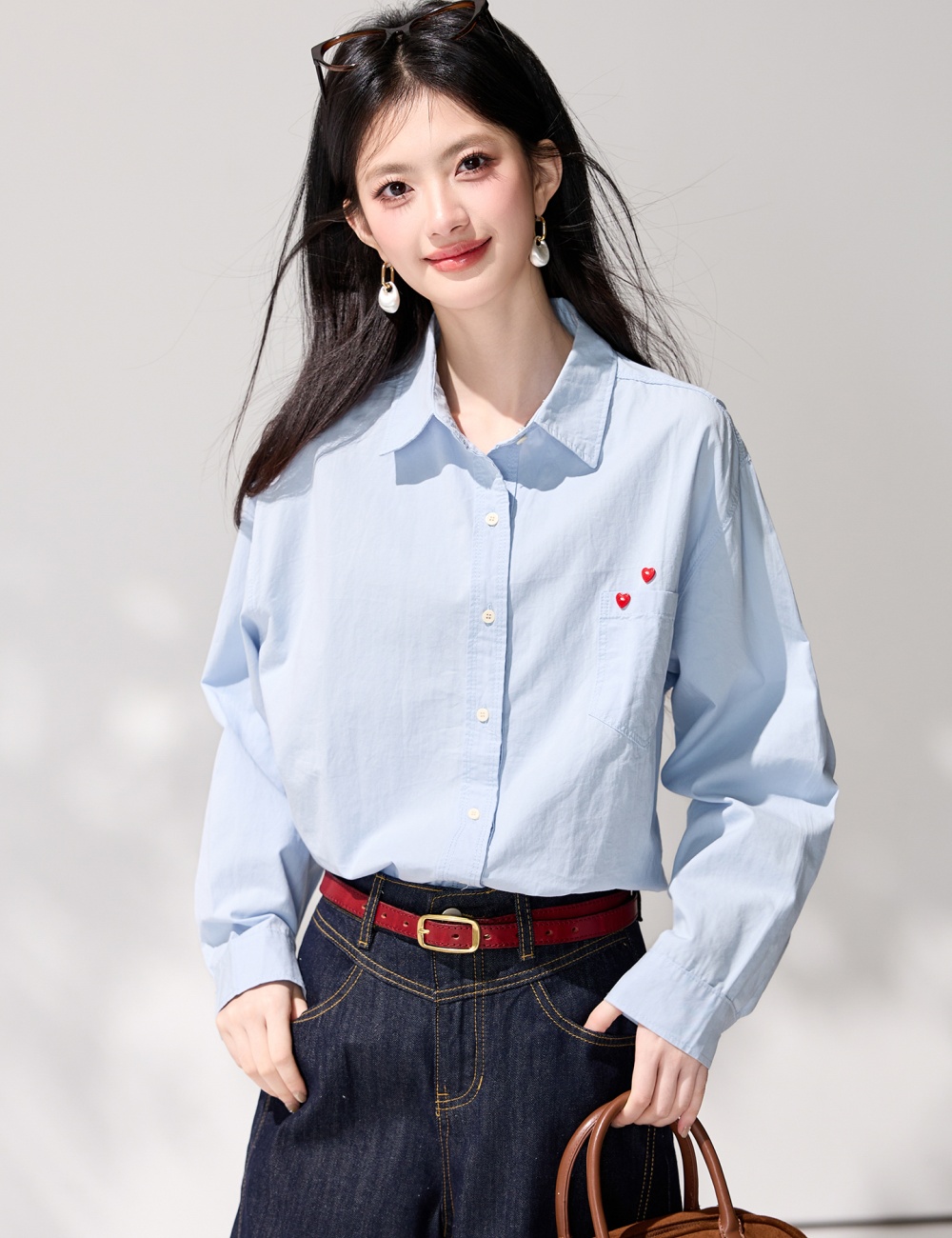 Buckle heart tops pure cotton spring shirt