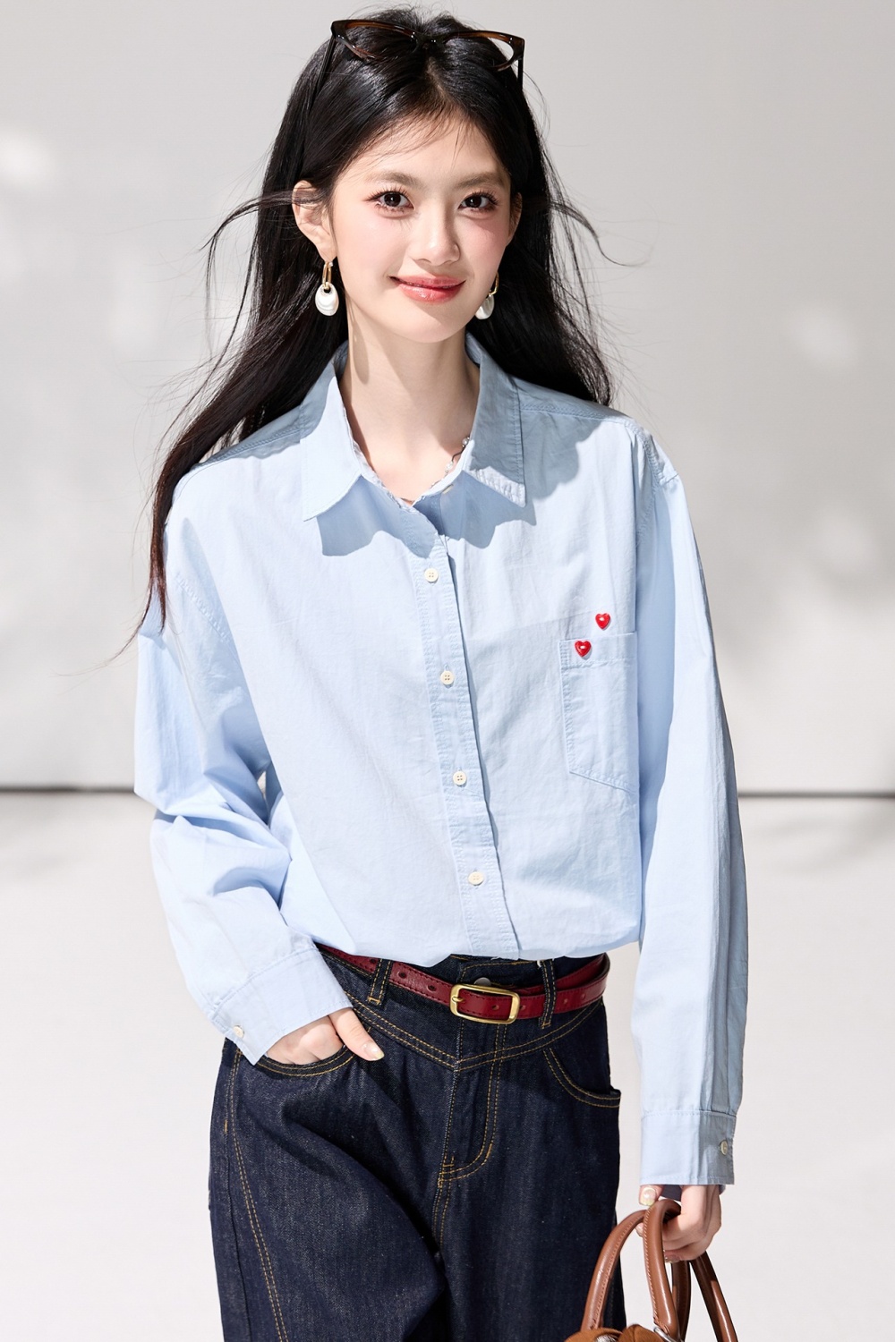 Buckle heart tops pure cotton spring shirt