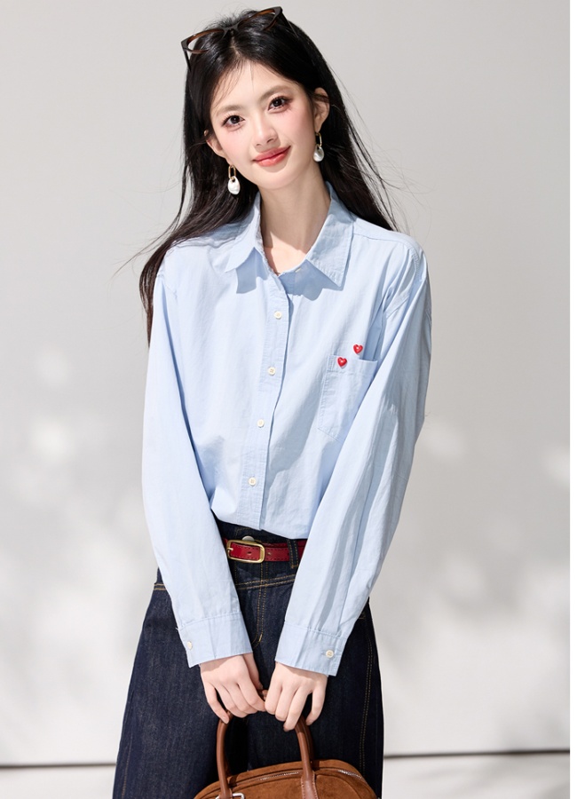 Buckle heart tops pure cotton spring shirt