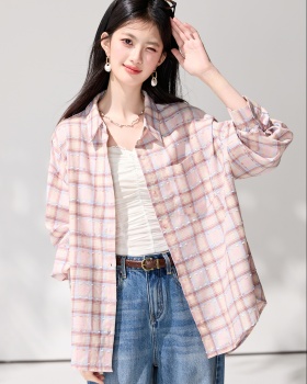 Vacation pink loose tops long sleeve sunscreen plaid shirt