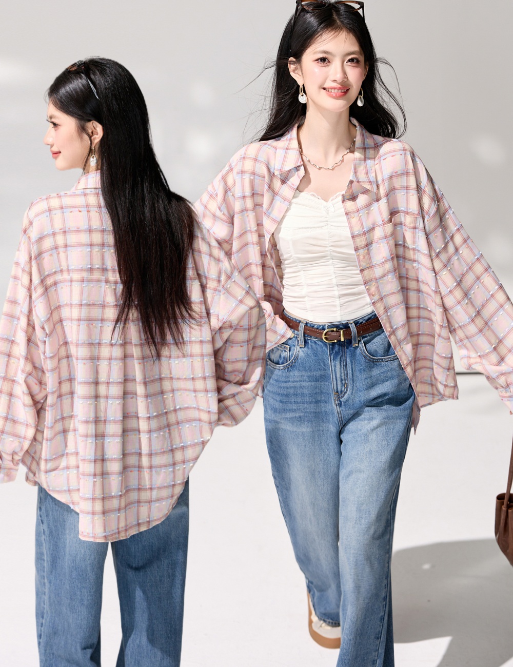 Vacation pink loose tops long sleeve sunscreen plaid shirt