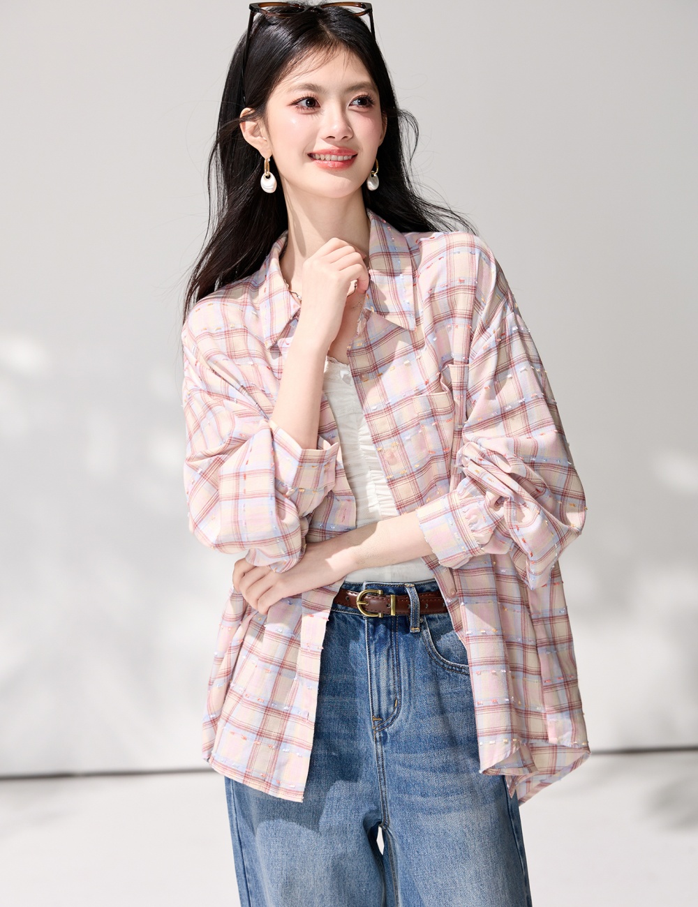 Vacation pink loose tops long sleeve sunscreen plaid shirt
