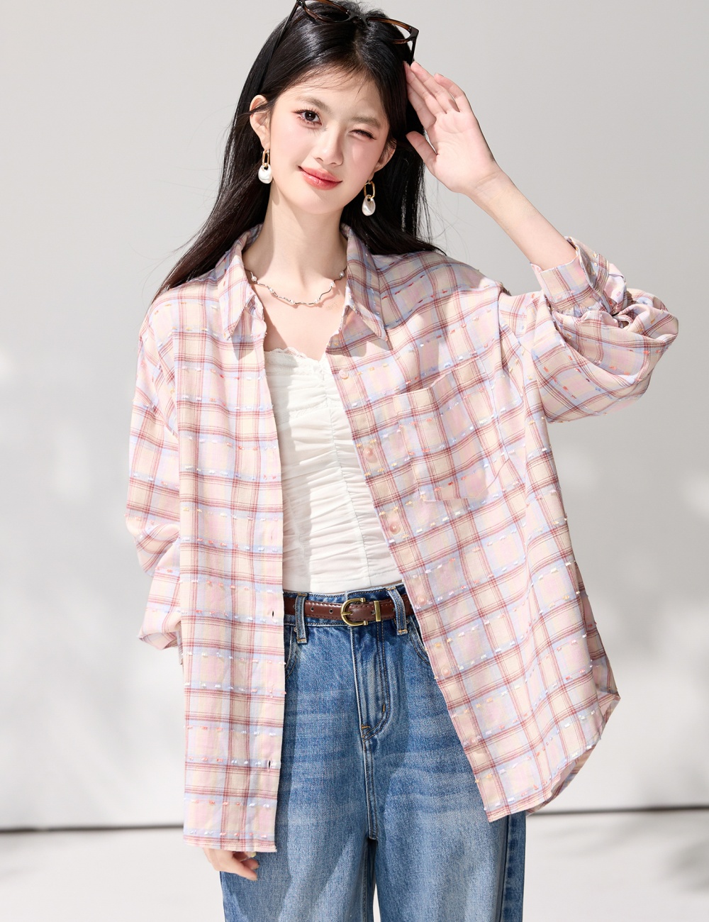 Vacation pink loose tops long sleeve sunscreen plaid shirt