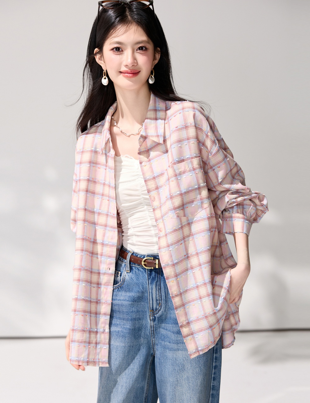 Vacation pink loose tops long sleeve sunscreen plaid shirt