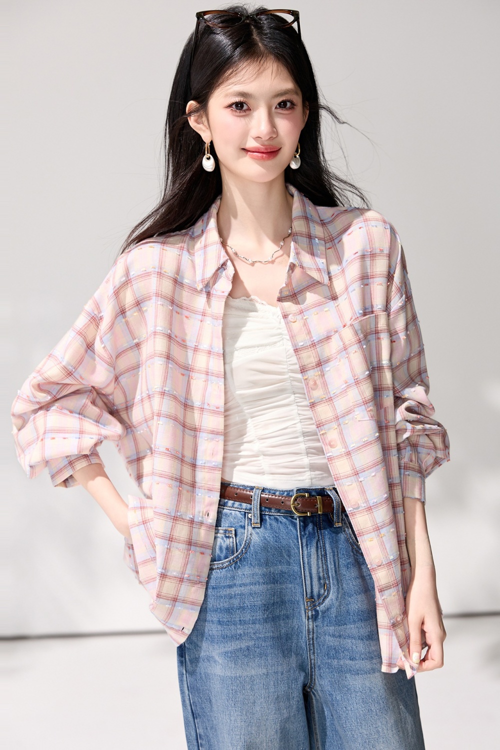Vacation pink loose tops long sleeve sunscreen plaid shirt