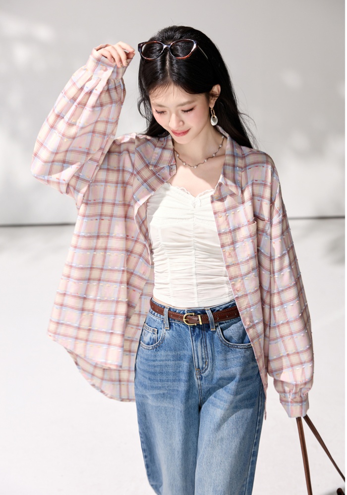 Vacation pink loose tops long sleeve sunscreen plaid shirt