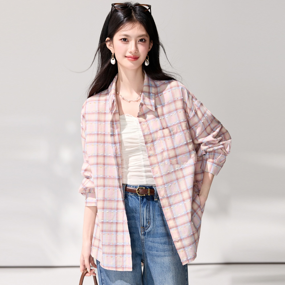 Vacation pink loose tops long sleeve sunscreen plaid shirt