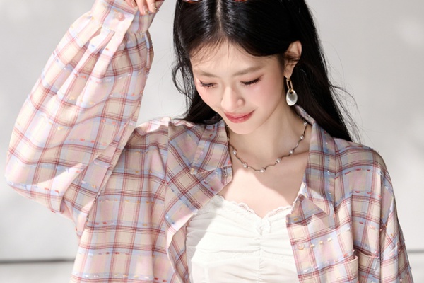 Vacation pink loose tops long sleeve sunscreen plaid shirt