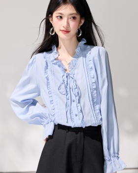 Trumpet sleeves frenum tops wood ear spring shirt