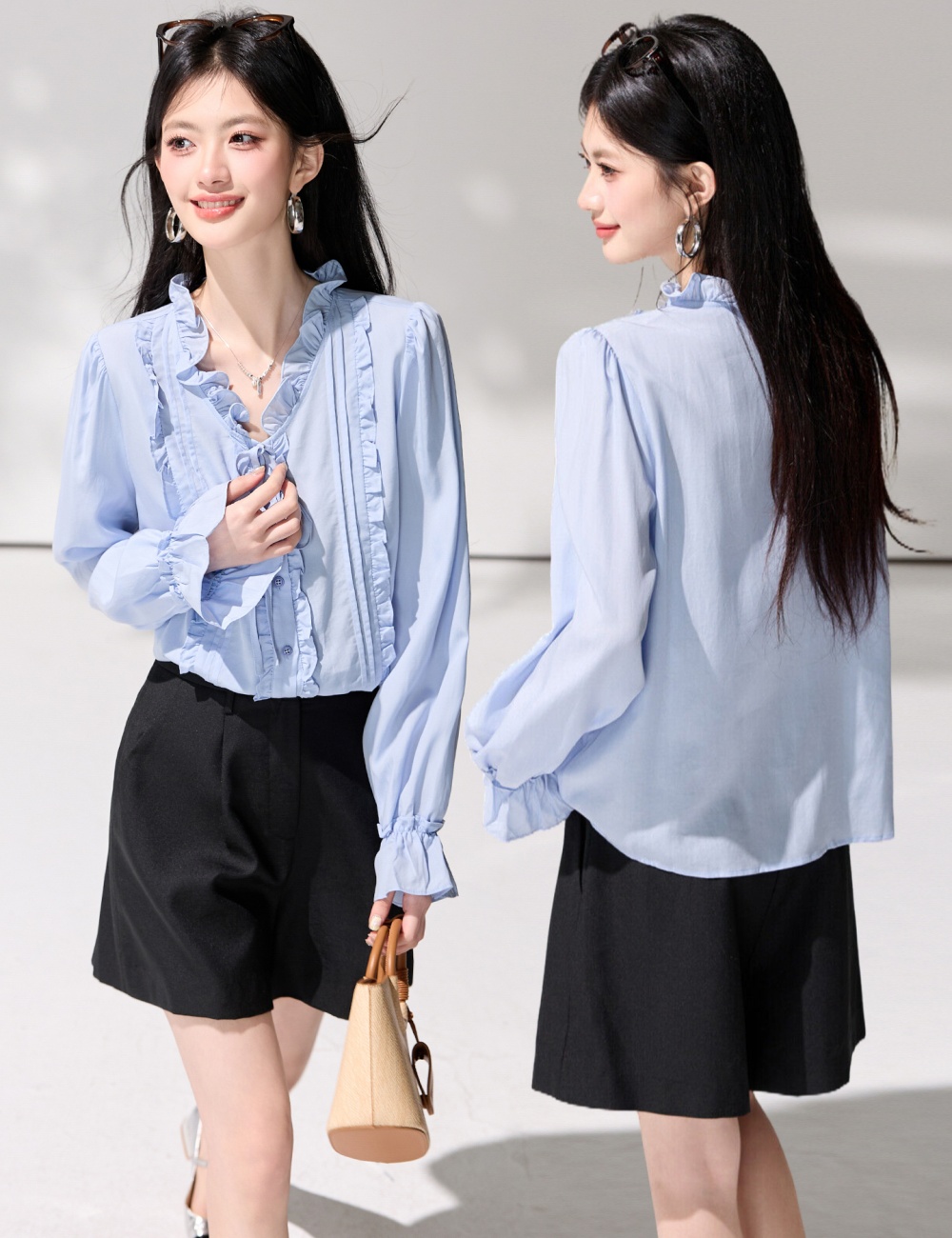 Trumpet sleeves frenum tops wood ear spring shirt