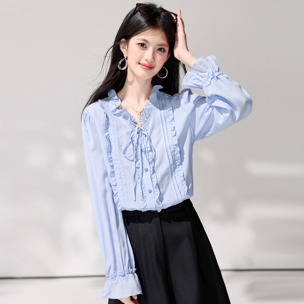 Trumpet sleeves frenum tops wood ear spring shirt