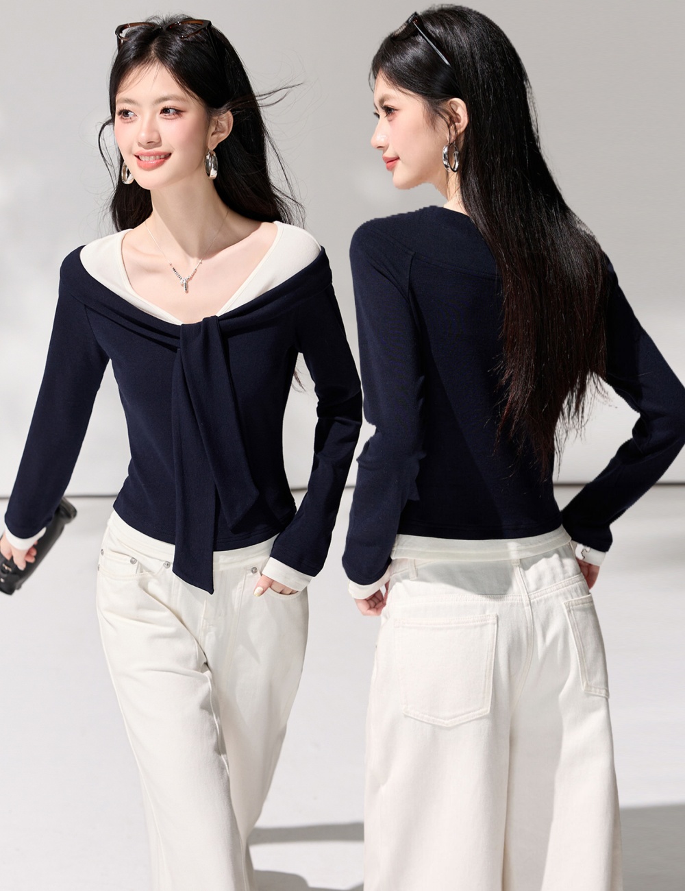 Spring V-neck tops long sleeve niche T-shirt for women