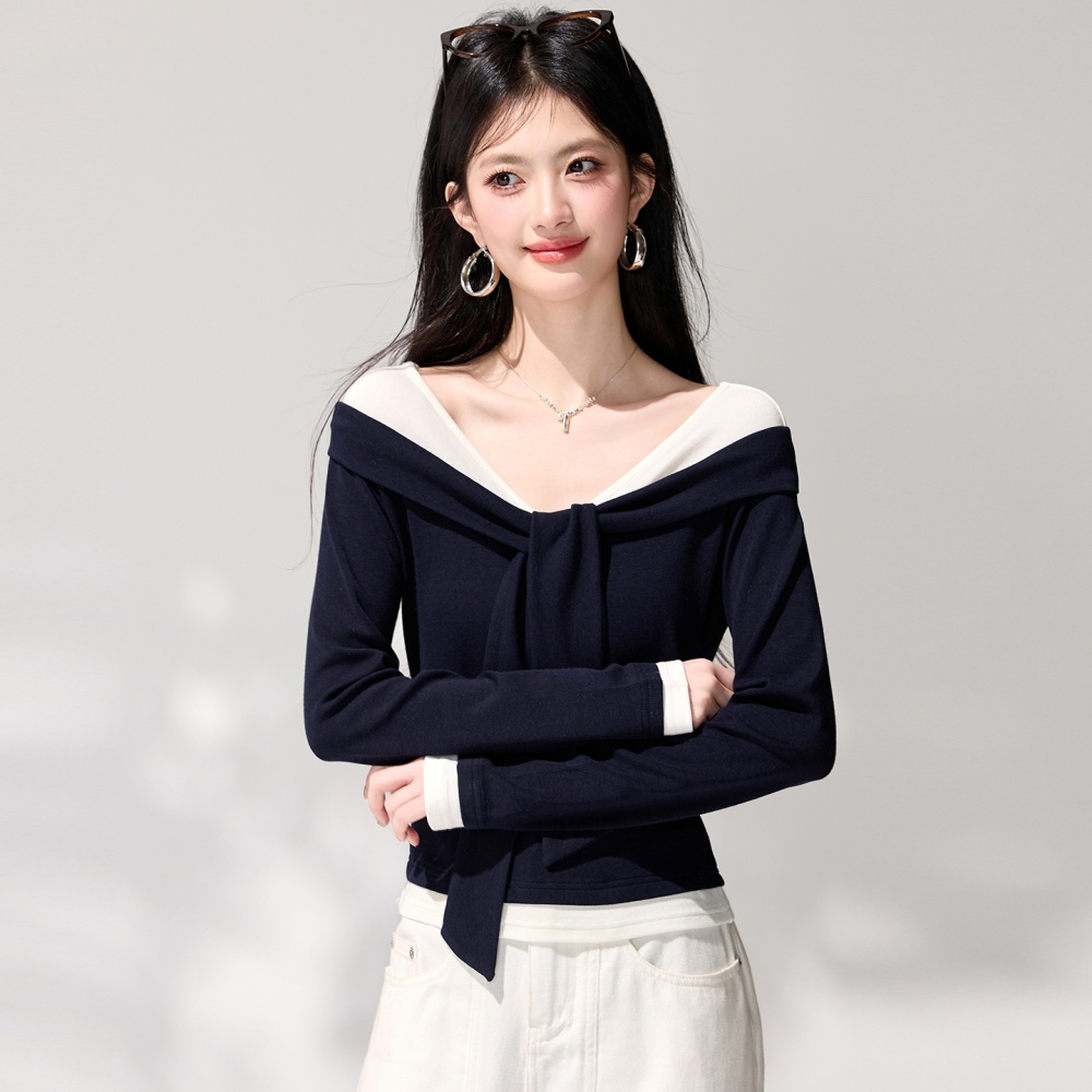 Spring V-neck tops long sleeve niche T-shirt for women