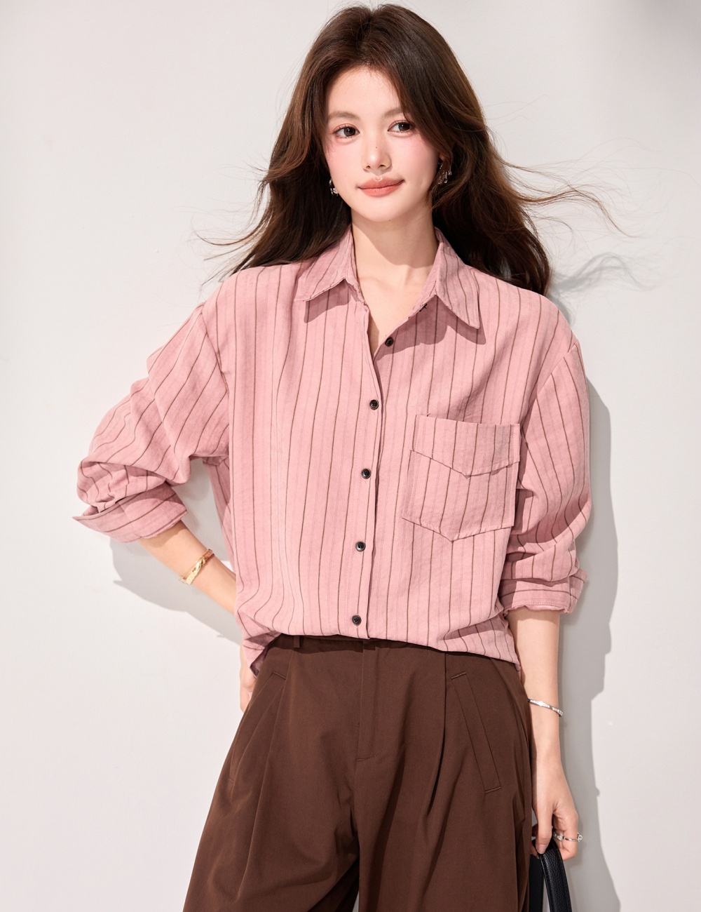 Stripe long sleeve Korean style spring shirt for women