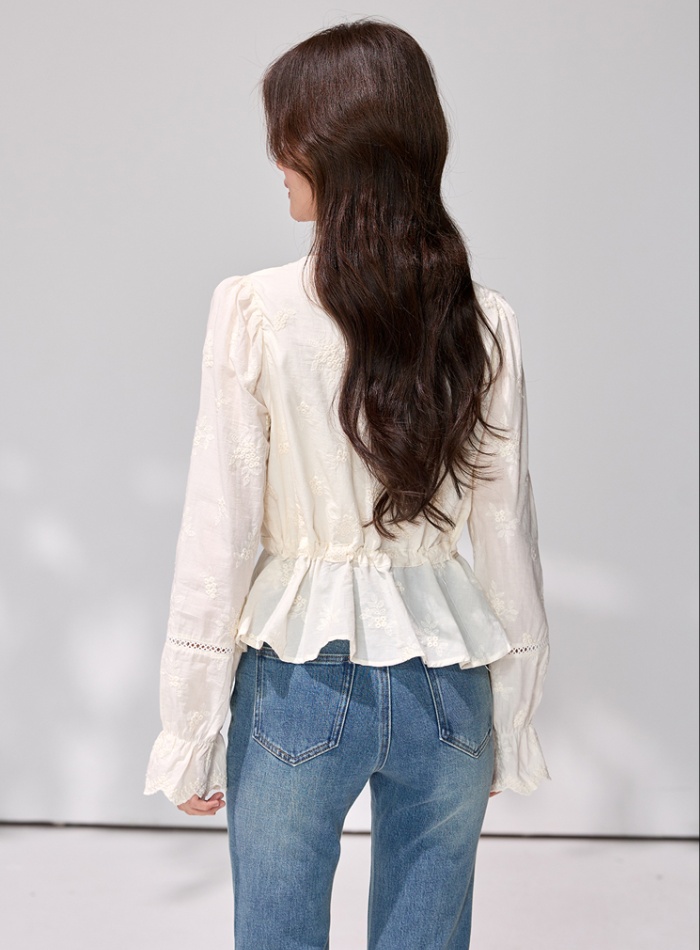 Embroidery V-neck tops lace pinched waist shirt