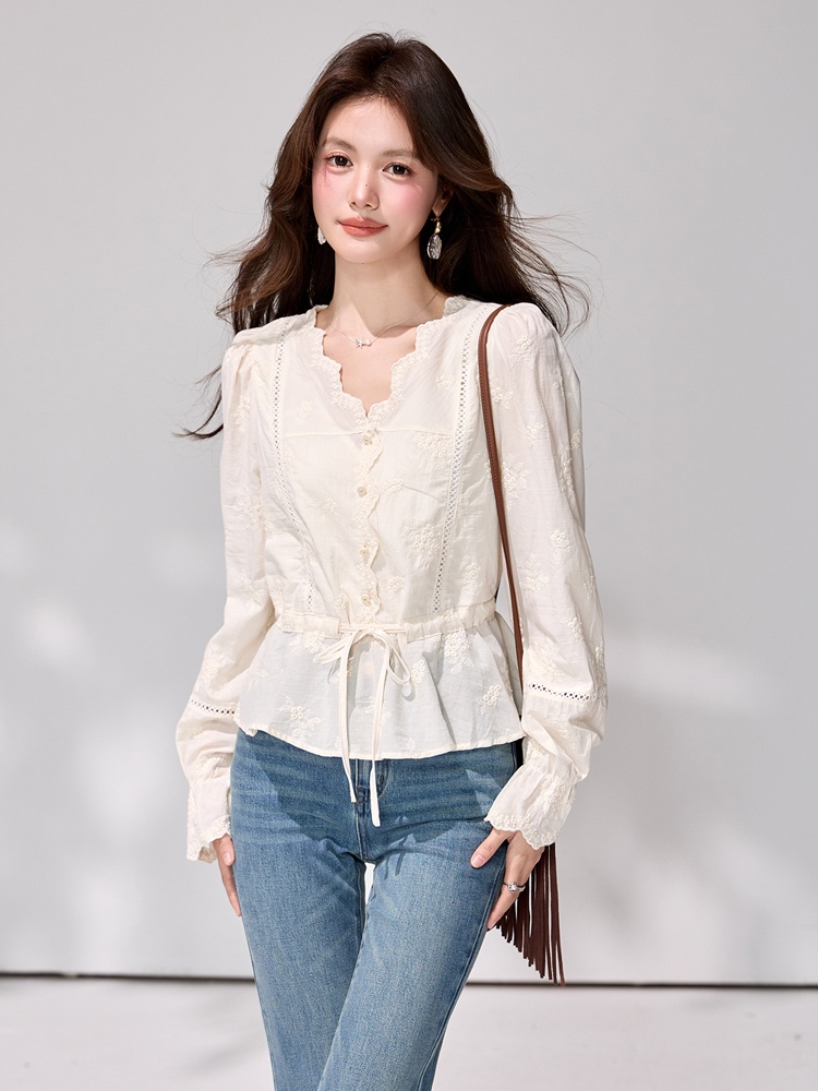 Embroidery V-neck tops lace pinched waist shirt