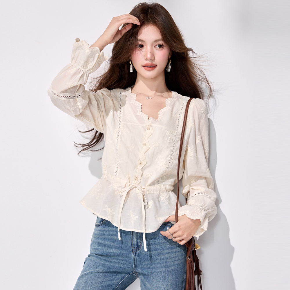 Embroidery V-neck tops lace pinched waist shirt
