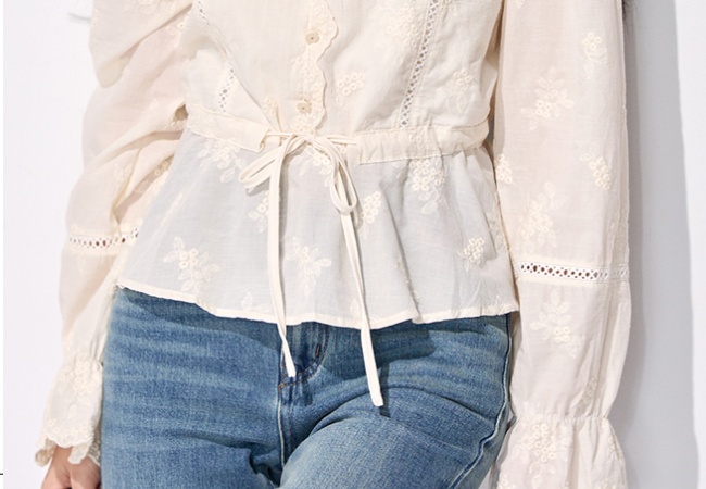 Embroidery V-neck tops lace pinched waist shirt