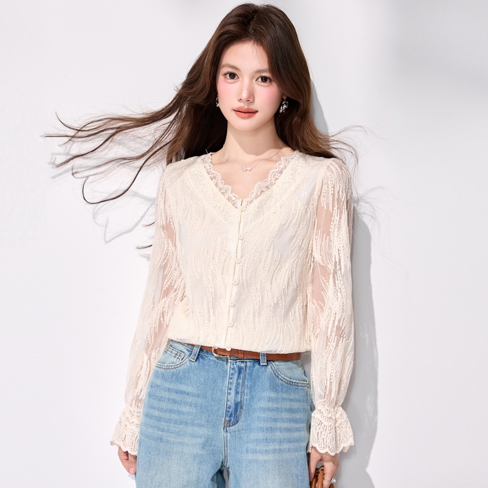 Lace V-neck tops all-match long sleeve shirt