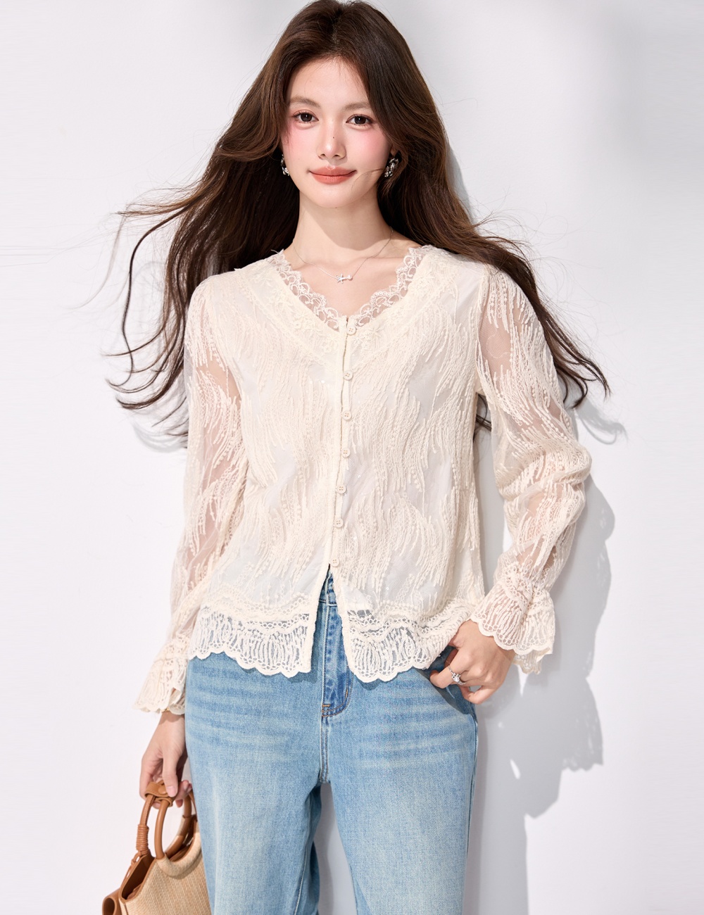 Lace V-neck tops all-match long sleeve shirt
