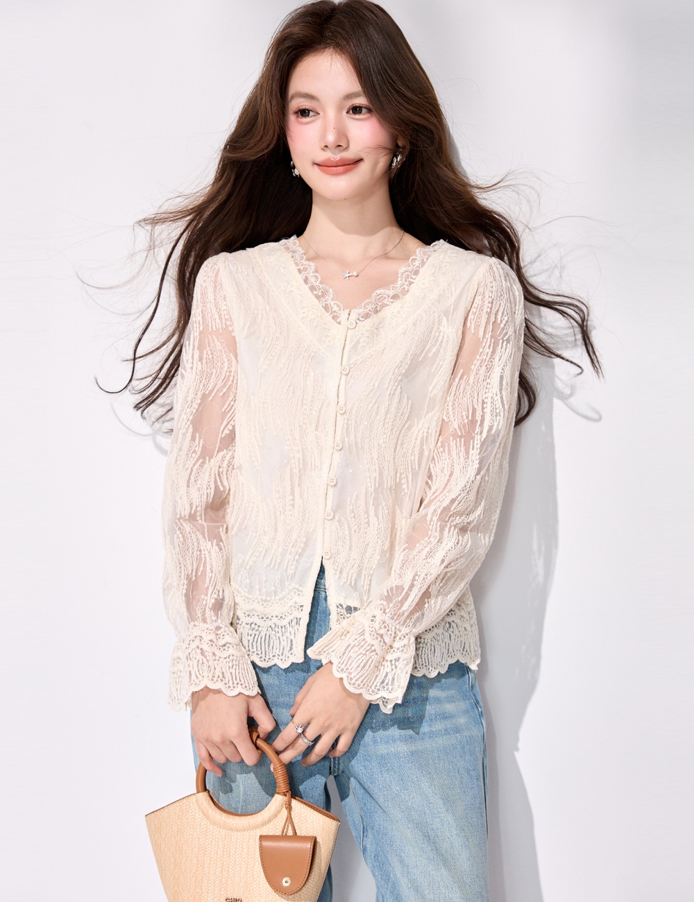 Lace V-neck tops all-match long sleeve shirt