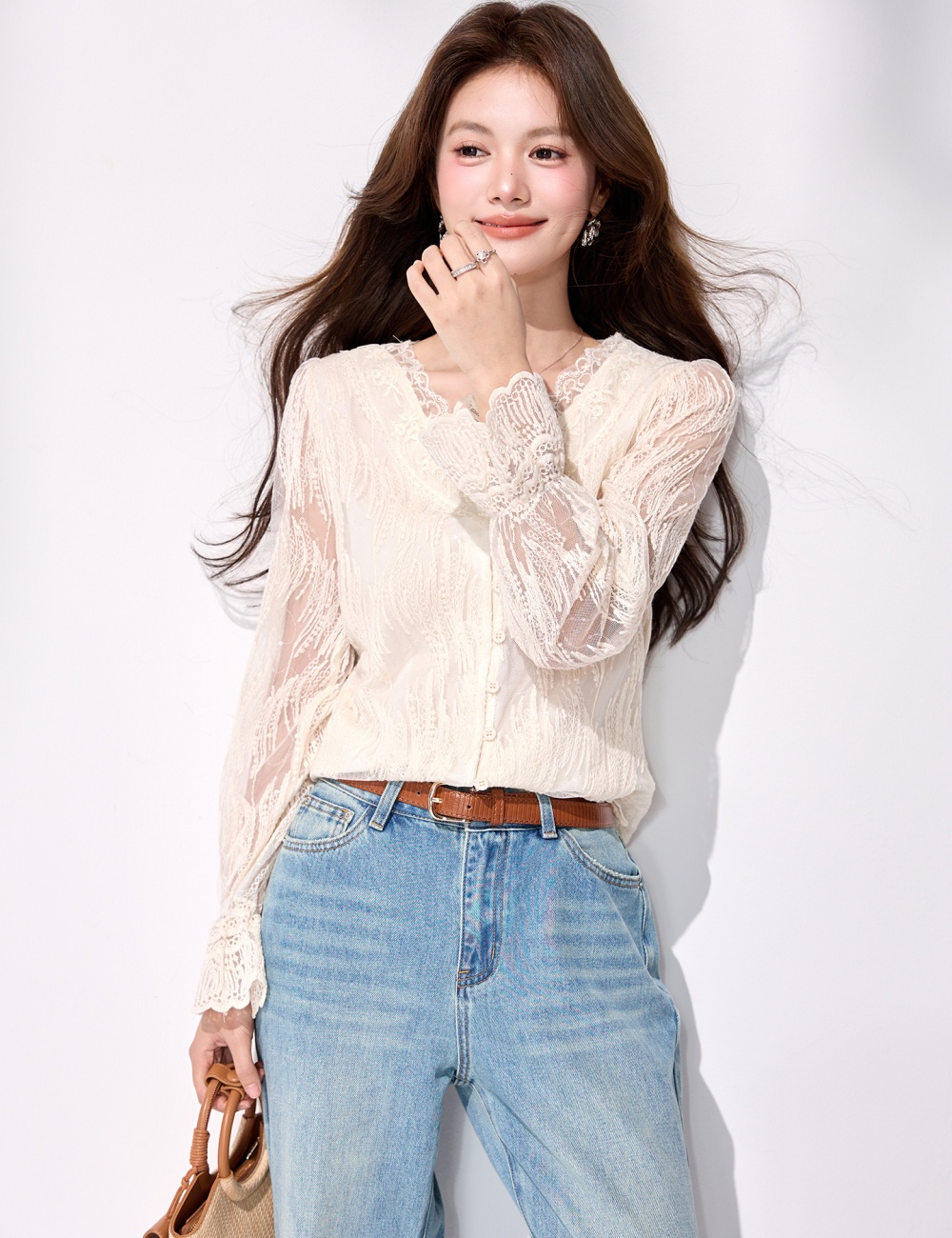 Lace V-neck tops all-match long sleeve shirt