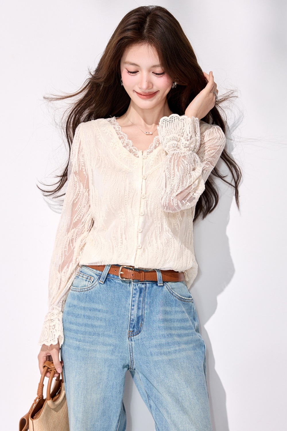 Lace V-neck tops all-match long sleeve shirt