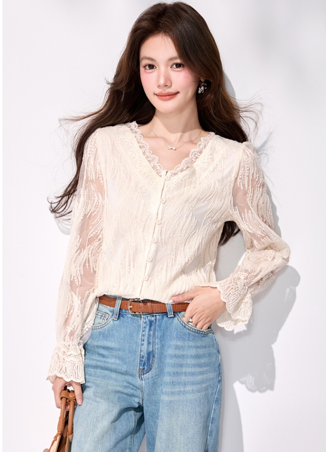 Lace V-neck tops all-match long sleeve shirt