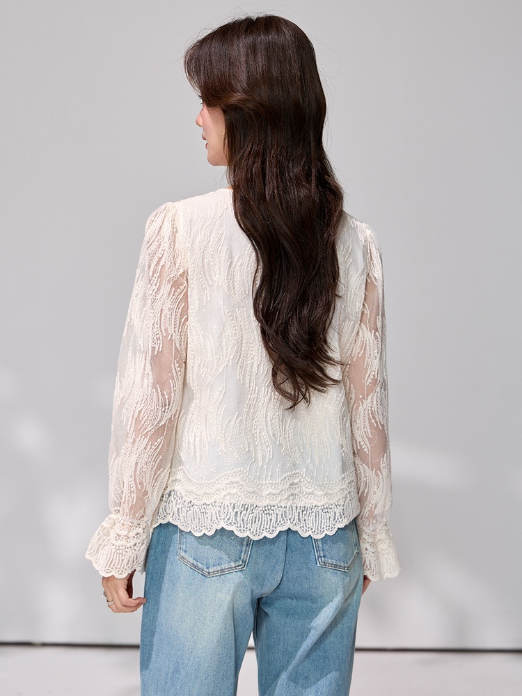 Lace V-neck tops all-match long sleeve shirt