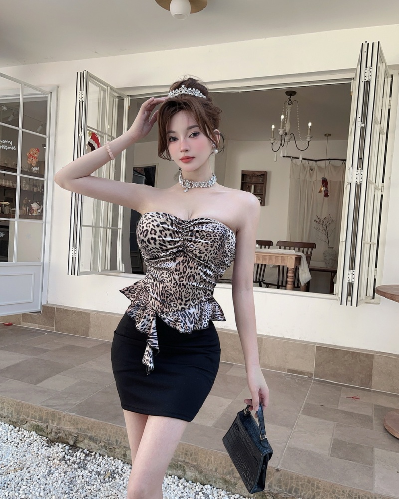 Golden velvet printing short wrapped chest dress