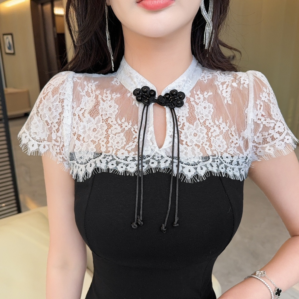 Short splice lace cheongsam mixed colors bottoming dress