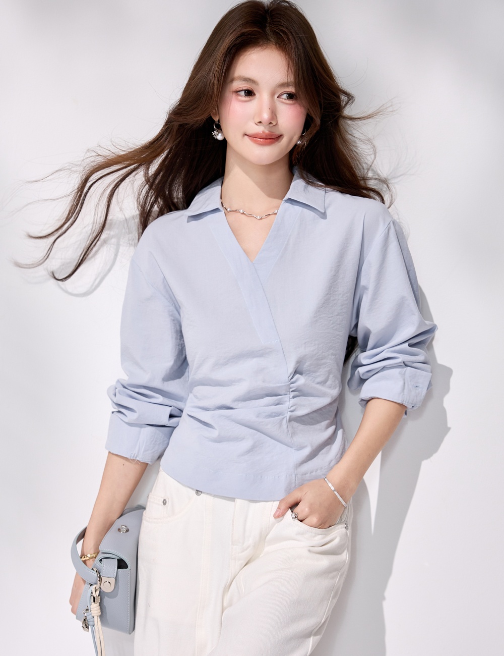 Slim France style tops pinched waist irregular shirt