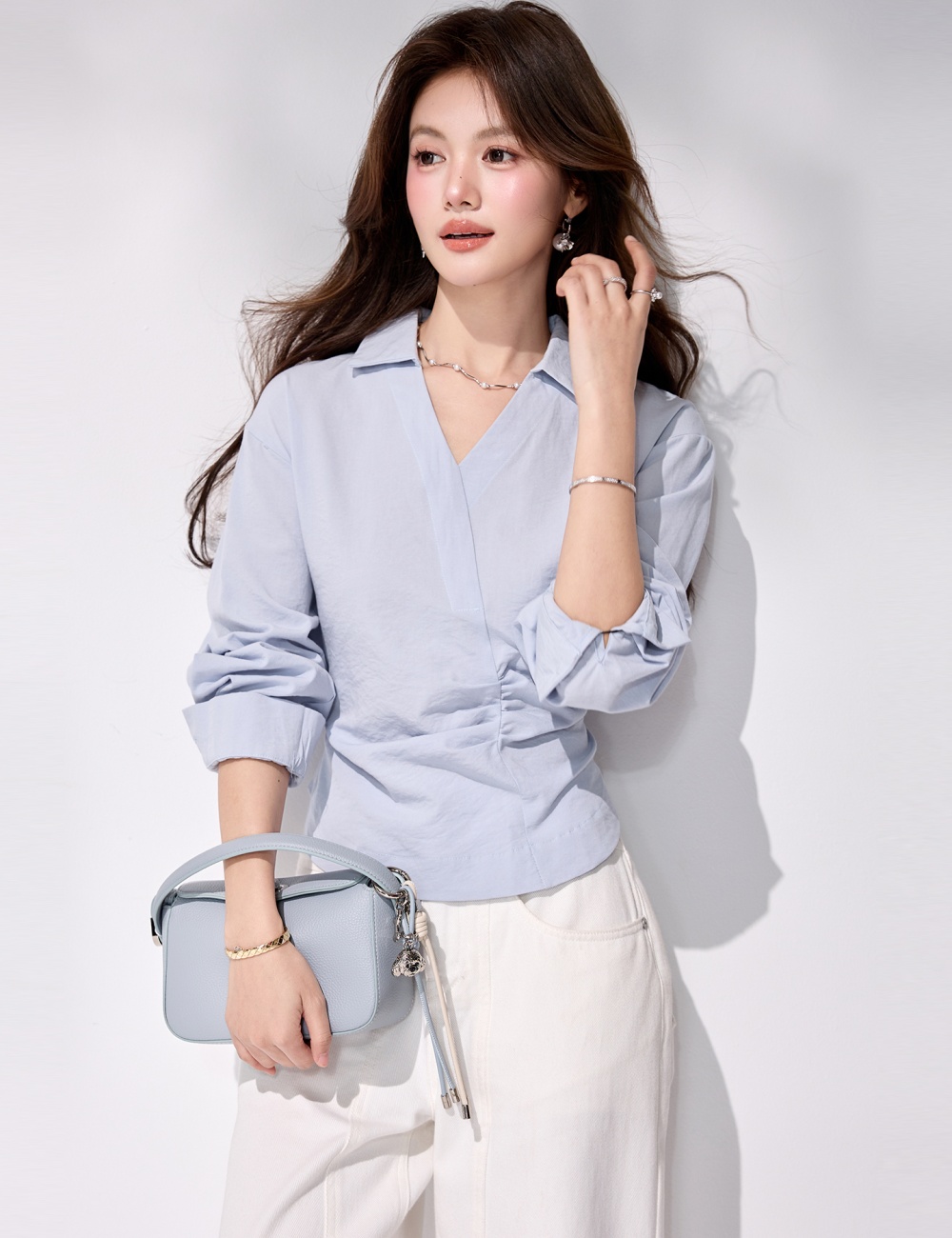 Slim France style tops pinched waist irregular shirt