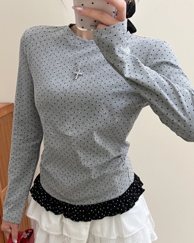 Lace spring splice tops niche polka dot T-shirt for women